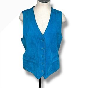 Vintage Chaus Women M Suede Leather Vest Turquoise Western Button Up Sleeveless